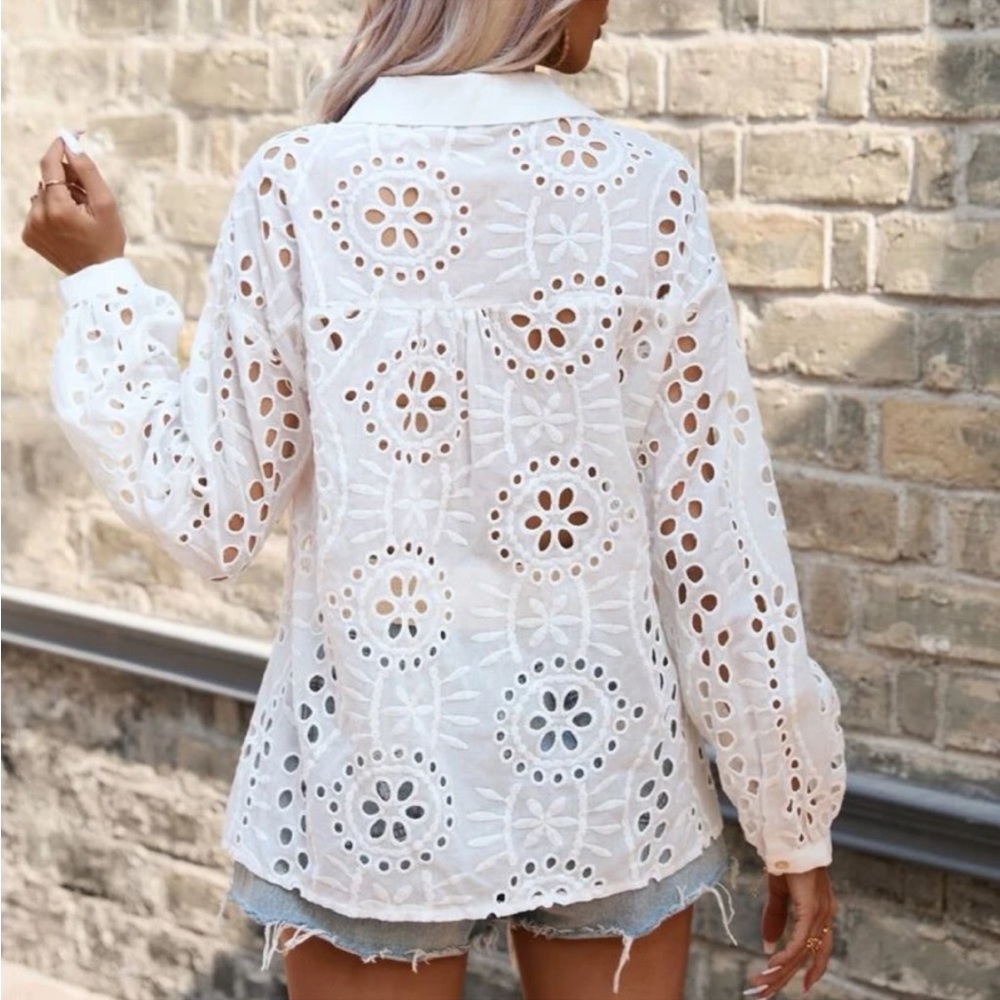 Size Boho Floral Sheer Eyelet Embroidered Lace Button Down Shirt Top Blouse - Picture 2 of 6